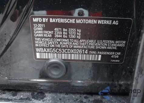 2012 BMW 528I z USA, uszkodzony, nr VIN WBAXG5C53CDX02614